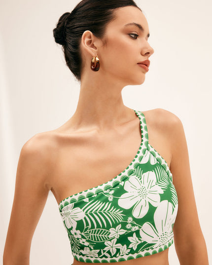 Side profile of one shoulder green floral bikini top with botanical print