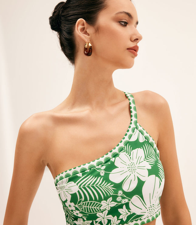 Side profile of one shoulder green floral bikini top with botanical print
