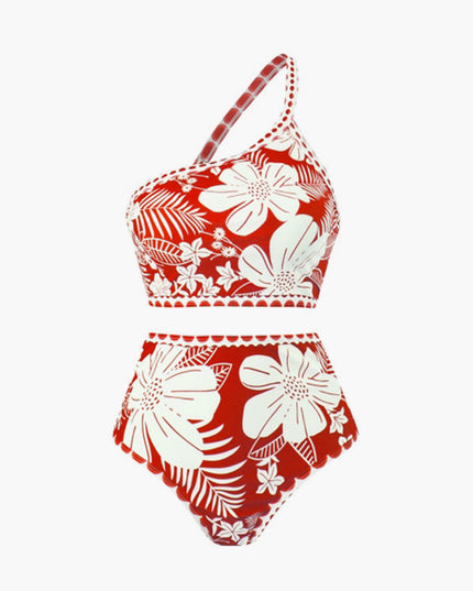 Red and cream floral one shoulder bikini set with scalloped edge and botanical design