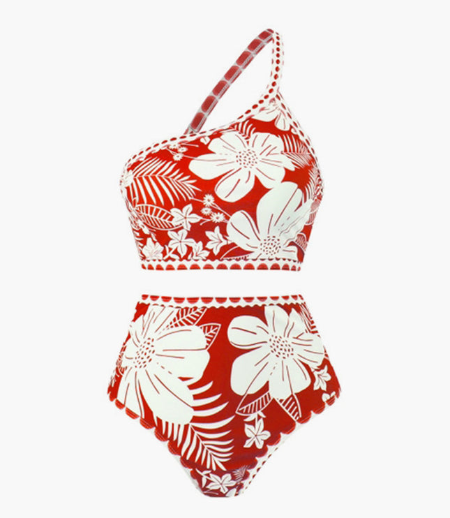 Red and cream floral one shoulder bikini set with scalloped edge and botanical design