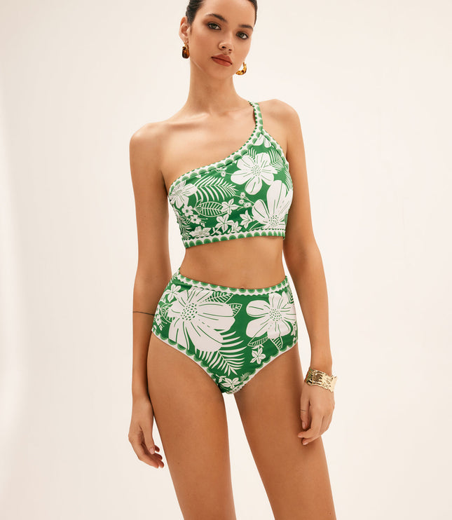 One shoulder green floral bikini top with white flowers and scalloped trim