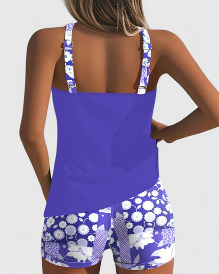 Purple tankini with white floral print shorts back view detail