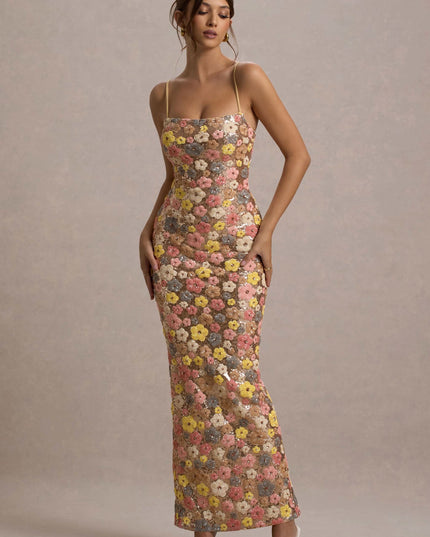 Women’s floral sequin maxi dress in a fit, side and back view with open back detail