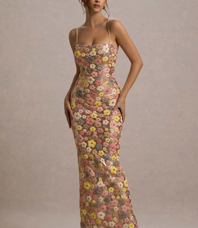 Women’s floral sequin maxi dress in a fit, side and back view with open back detail