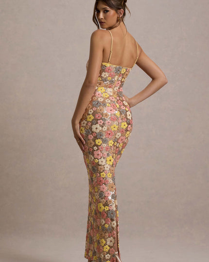 Women’s floral sequin maxi dress with square neckline and full-length hem, front view