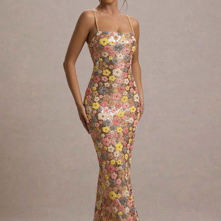 Women’s floral sequin maxi dress with spaghetti straps and fitted silhouette, front view