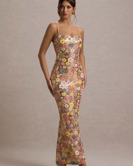 Women’s floral sequin maxi dress with spaghetti straps and fitted silhouette, front view