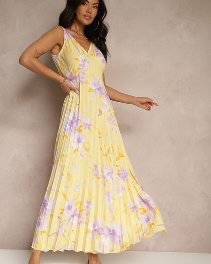 Yellow floral sleeveless maxi dress with pleated skirt and V-neck, elegant summer dress style