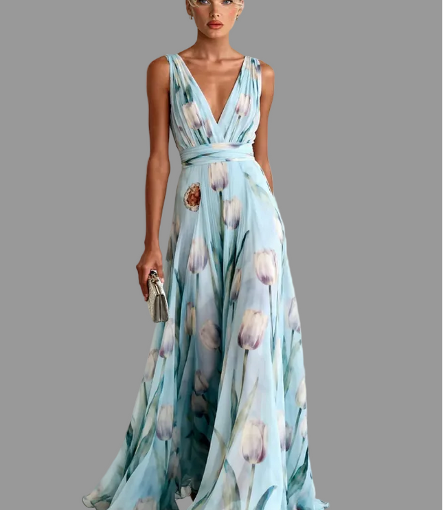 Light blue floral sleeveless maxi dress with deep V-neck and waist tie, flowing skirt