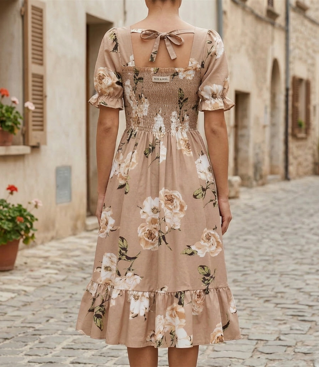 Back view of beige floral midi dress with square back, tie detail, and ruffled hem