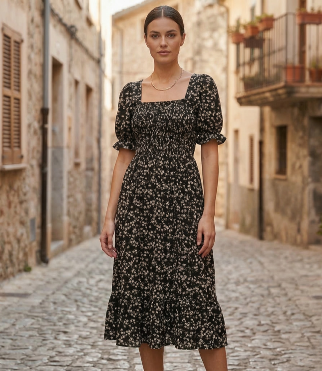 Black floral square neck midi dress with puff sleeves and fitted smocked waist
