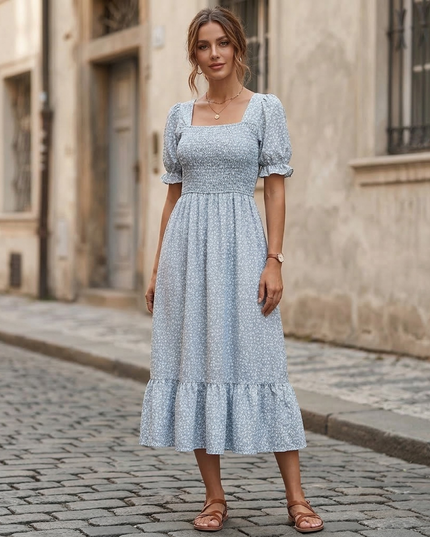 Light blue floral midi dress with square neck, short puff sleeves, and ruffled hem