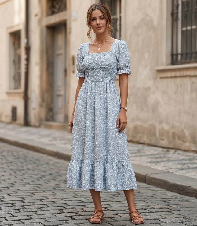 Light blue floral midi dress with square neck, short puff sleeves, and ruffled hem