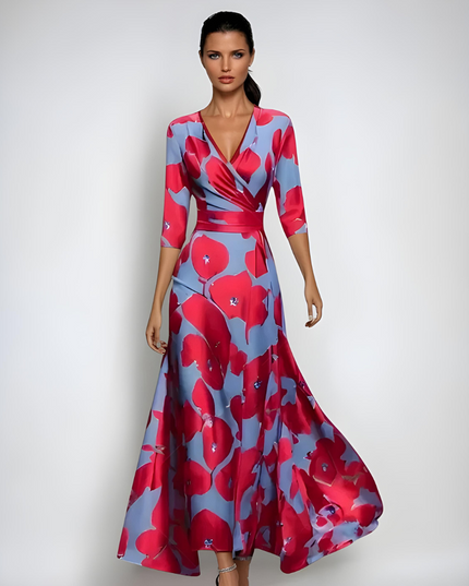 Floral V neck maxi dress with three quarter sleeves in pink and blue print