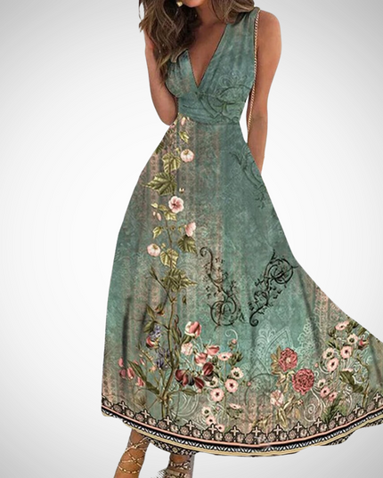 Sage green floral v-neck wrap maxi dress with pink roses and ornate border