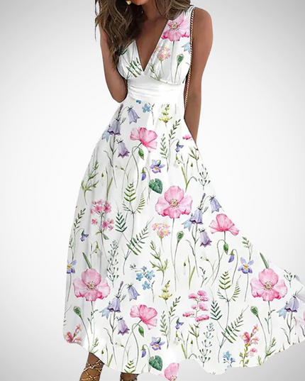White floral v-neck wrap waist maxi dress with multicolor wildflower print