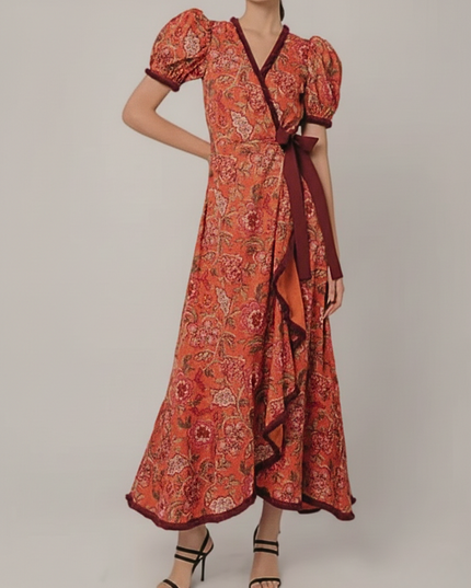 Women's floral wrap midi dress with puff sleeves, burgundy trim, and side tie detail