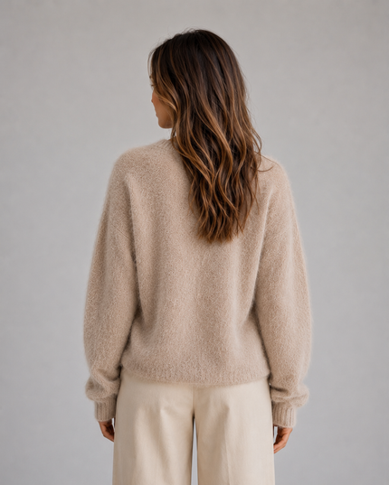 Women's Fluffy Knit Cardigan with V-Neck and Buttons