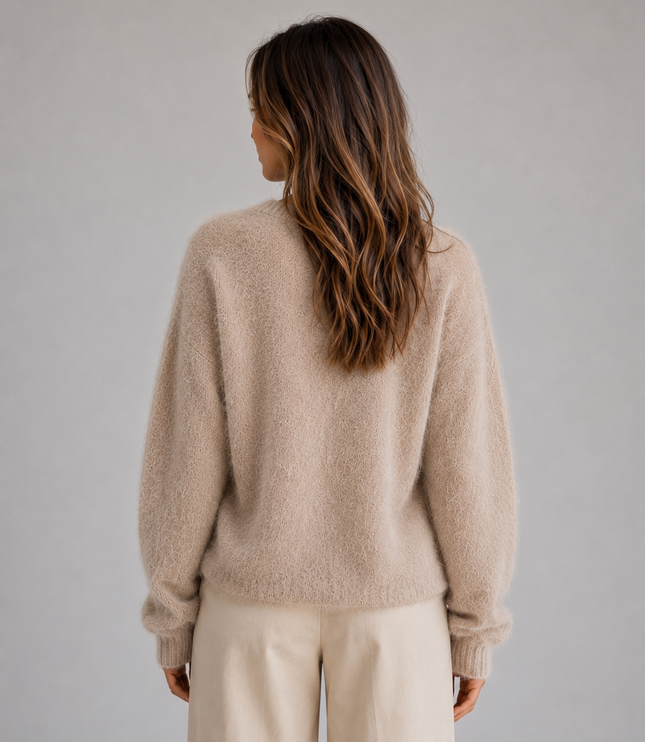 Women's Fluffy Knit Cardigan with V-Neck and Buttons