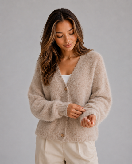 Women's Fluffy Knit Cardigan with V-Neck and Buttons