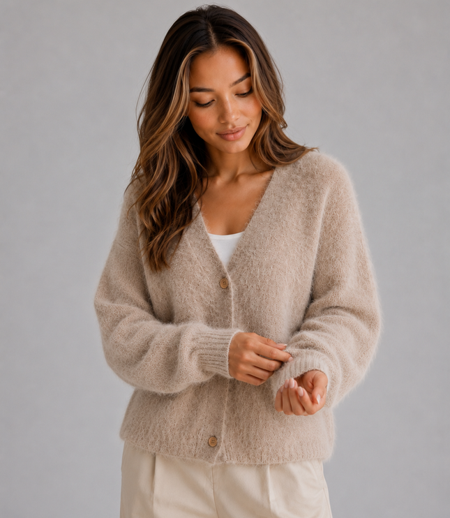 Women's Fluffy Knit Cardigan with V-Neck and Buttons