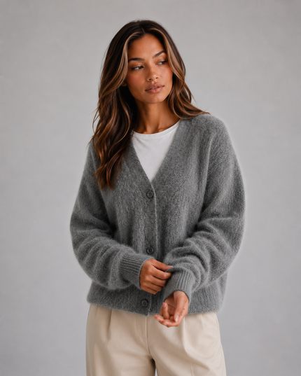 Women's Fluffy Knit Cardigan with V-Neck and Buttons