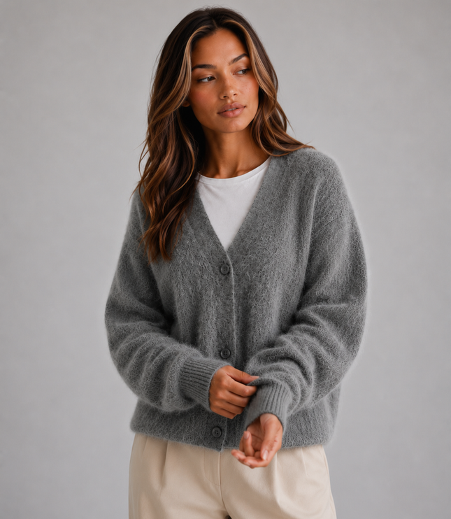 Women's Fluffy Knit Cardigan with V-Neck and Buttons