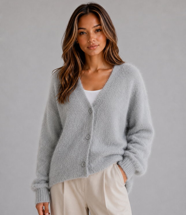 Women's Fluffy Knit Cardigan with V-Neck and Buttons