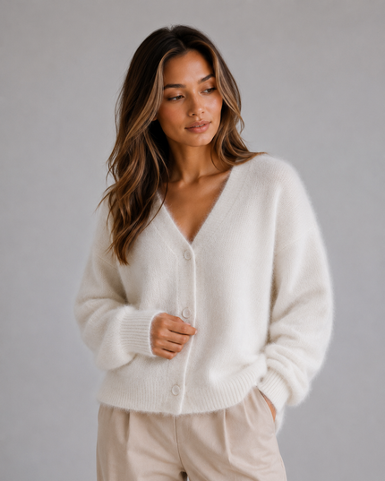 Women's Fluffy Knit Cardigan with V-Neck and Buttons