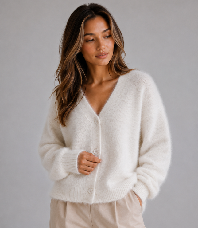Women's Fluffy Knit Cardigan with V-Neck and Buttons