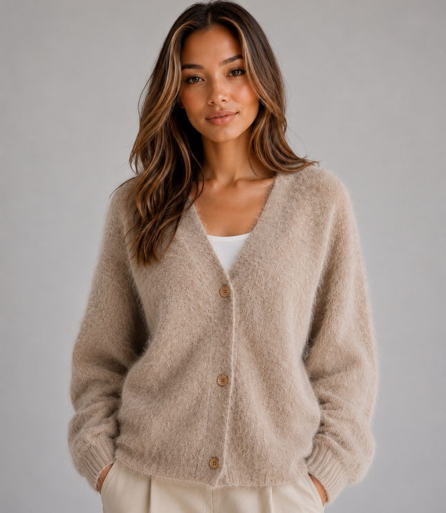 Women's Fluffy Knit Cardigan with V-Neck and Buttons