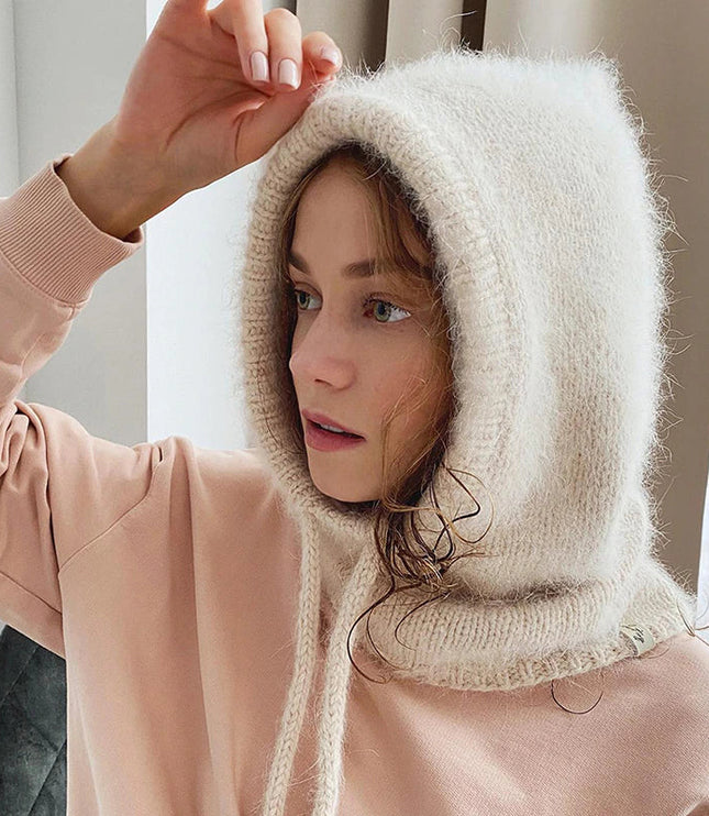 Women's Fluffy Knit Hooded Snood with Drawstring