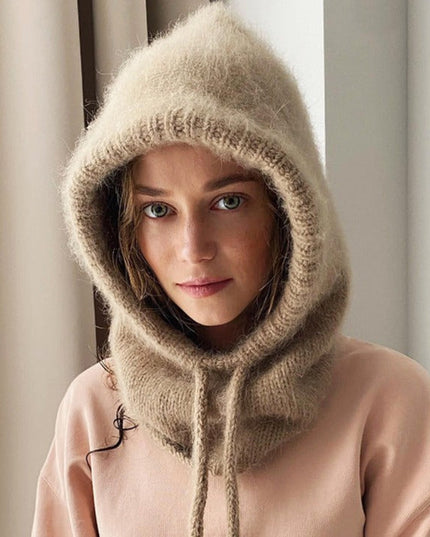 Women's Fluffy Knit Hooded Snood with Drawstring