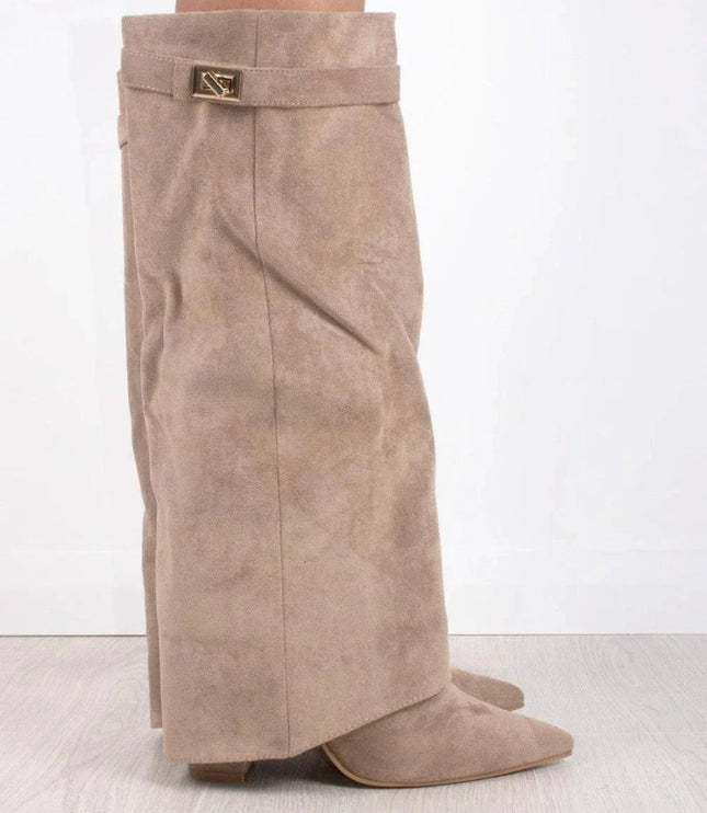 Women's Suede Fold-Over Knee-High Boots Gold Clasp - Beige
