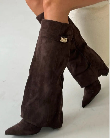 Women's Suede Fold-Over Knee-High Boots Gold Clasp
