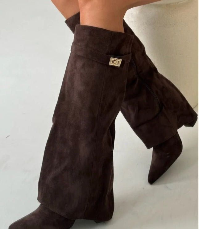 Women's Suede Fold-Over Knee-High Boots Gold Clasp