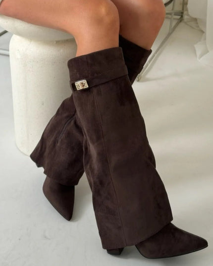 Women's Suede Fold-Over Knee-High Boots Gold Clasp