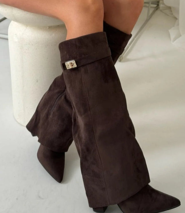 Women's Suede Fold-Over Knee-High Boots Gold Clasp