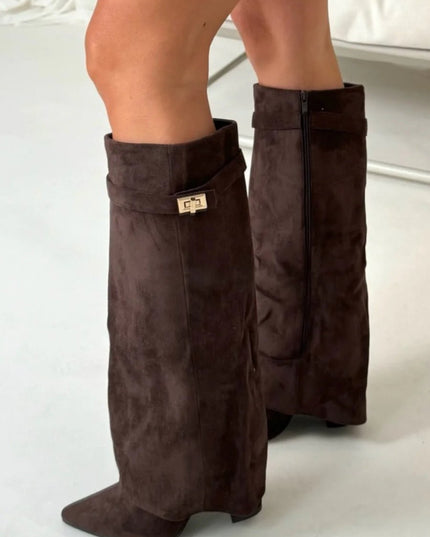 Women's Suede Fold-Over Knee-High Boots Gold Clasp - Dark Brown