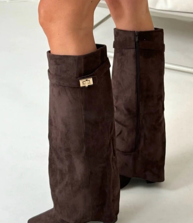 Women's Suede Fold-Over Knee-High Boots Gold Clasp - Dark Brown