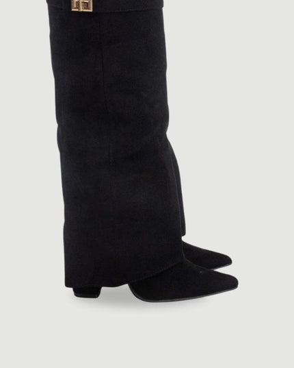 Women's Suede Fold-Over Knee-High Boots Gold Clasp