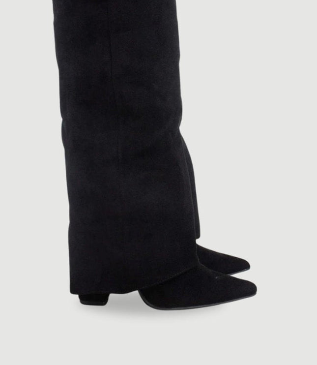 Women's Suede Fold-Over Knee-High Boots Gold Clasp