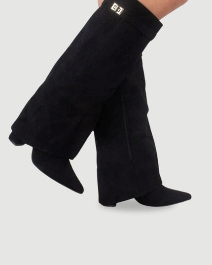 Women's Suede Fold-Over Knee-High Boots Gold Clasp