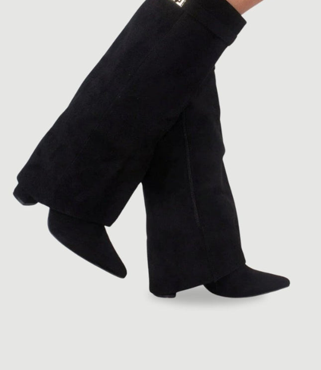 Women's Suede Fold-Over Knee-High Boots Gold Clasp