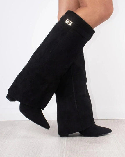 Women's Suede Fold-Over Knee-High Boots Gold Clasp