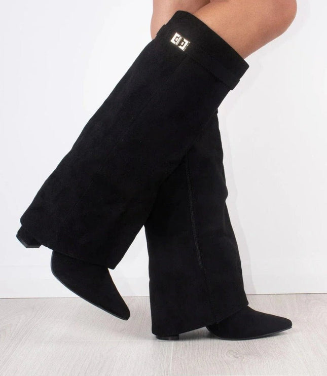 Women's Suede Fold-Over Knee-High Boots Gold Clasp