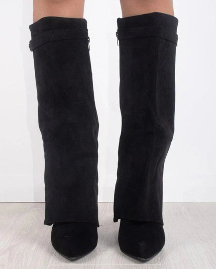 Women's Suede Fold-Over Knee-High Boots Gold Clasp