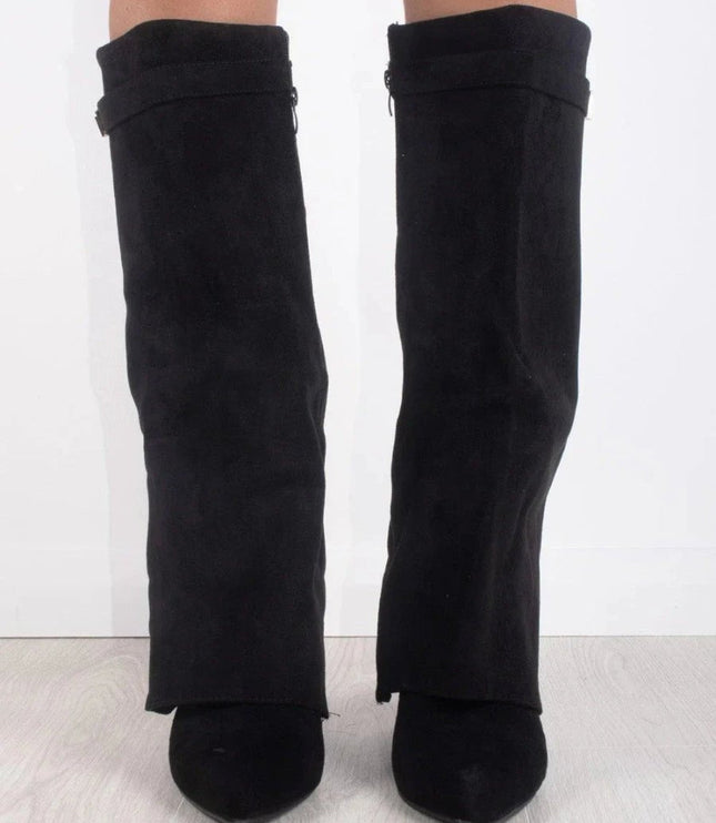 Women's Suede Fold-Over Knee-High Boots Gold Clasp