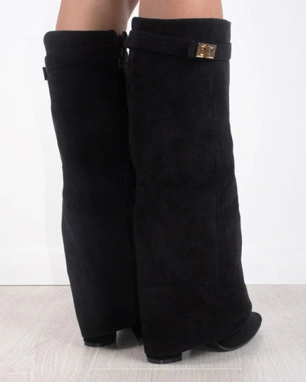 Women's Suede Fold-Over Knee-High Boots Gold Clasp