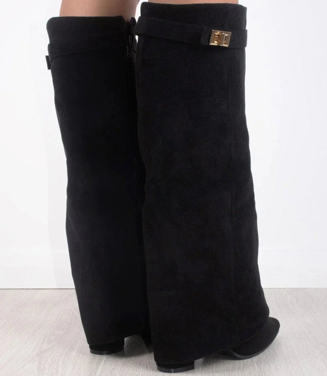 Women's Suede Fold-Over Knee-High Boots Gold Clasp